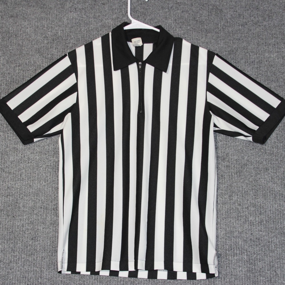 Vintage Cliff Keen Athletic Referee Shirt M Mens Black White‎ Striped Zip Up